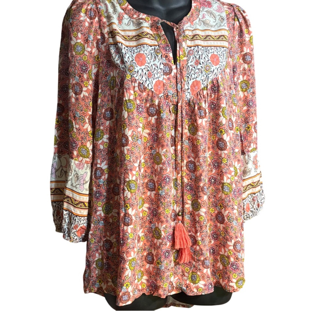 Jane & Delancey Mixed Floral Bohemian Top v-neckline tassel ties retro small - Picture 2 of 8
